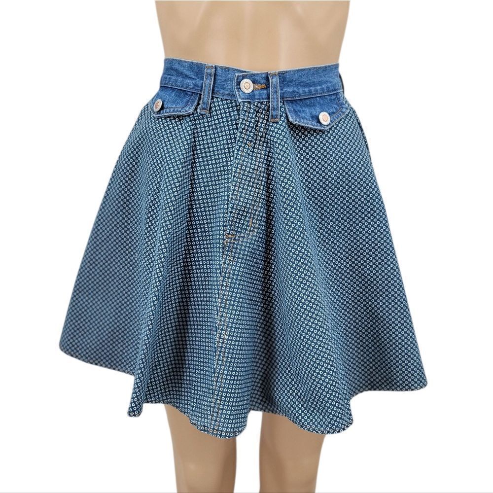 Steel Jeans Vintage 80s Denim Circle Skater Skirt with Heart Print Poplin Cotton